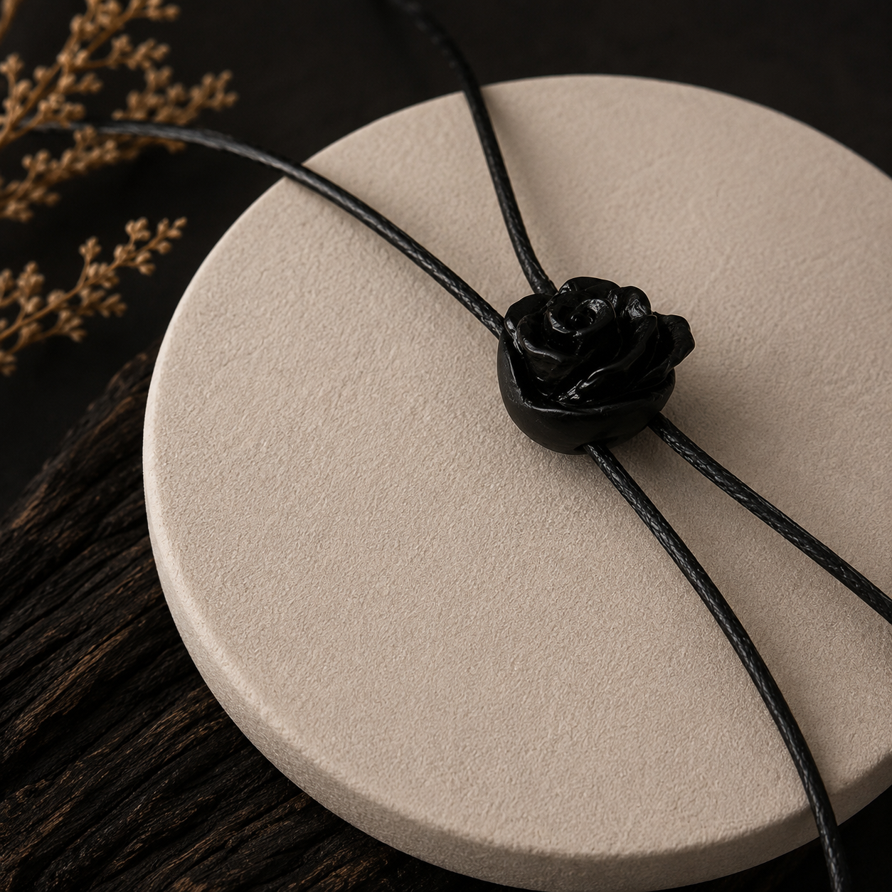 A black cord accessory with a sculpted black rose knot, displayed on a round beige coaster over a dark wood surface with dried floral decor.