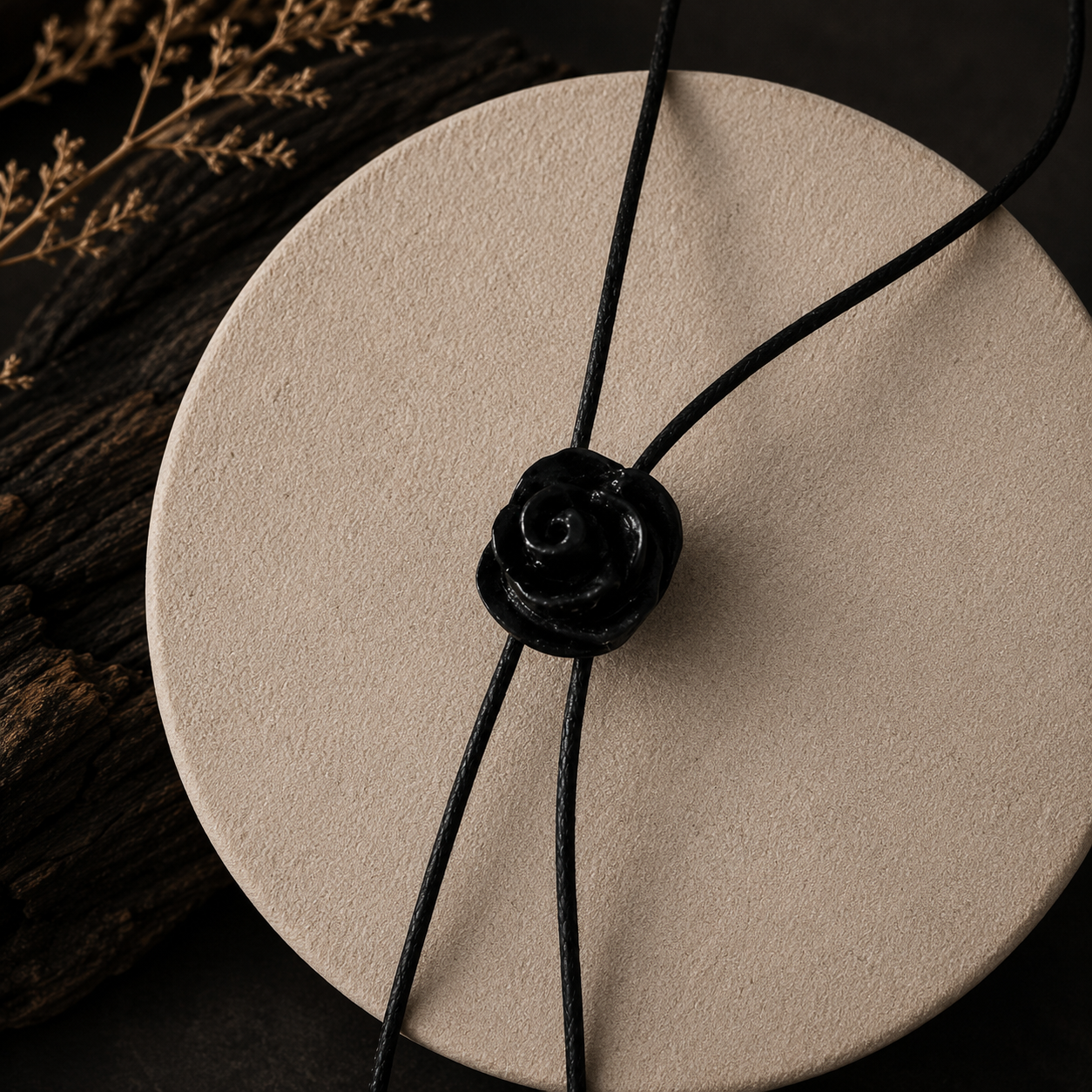 A black cord necklace with a glossy black rose-shaped knot, displayed on a round beige textured plate with dark wood in the background.