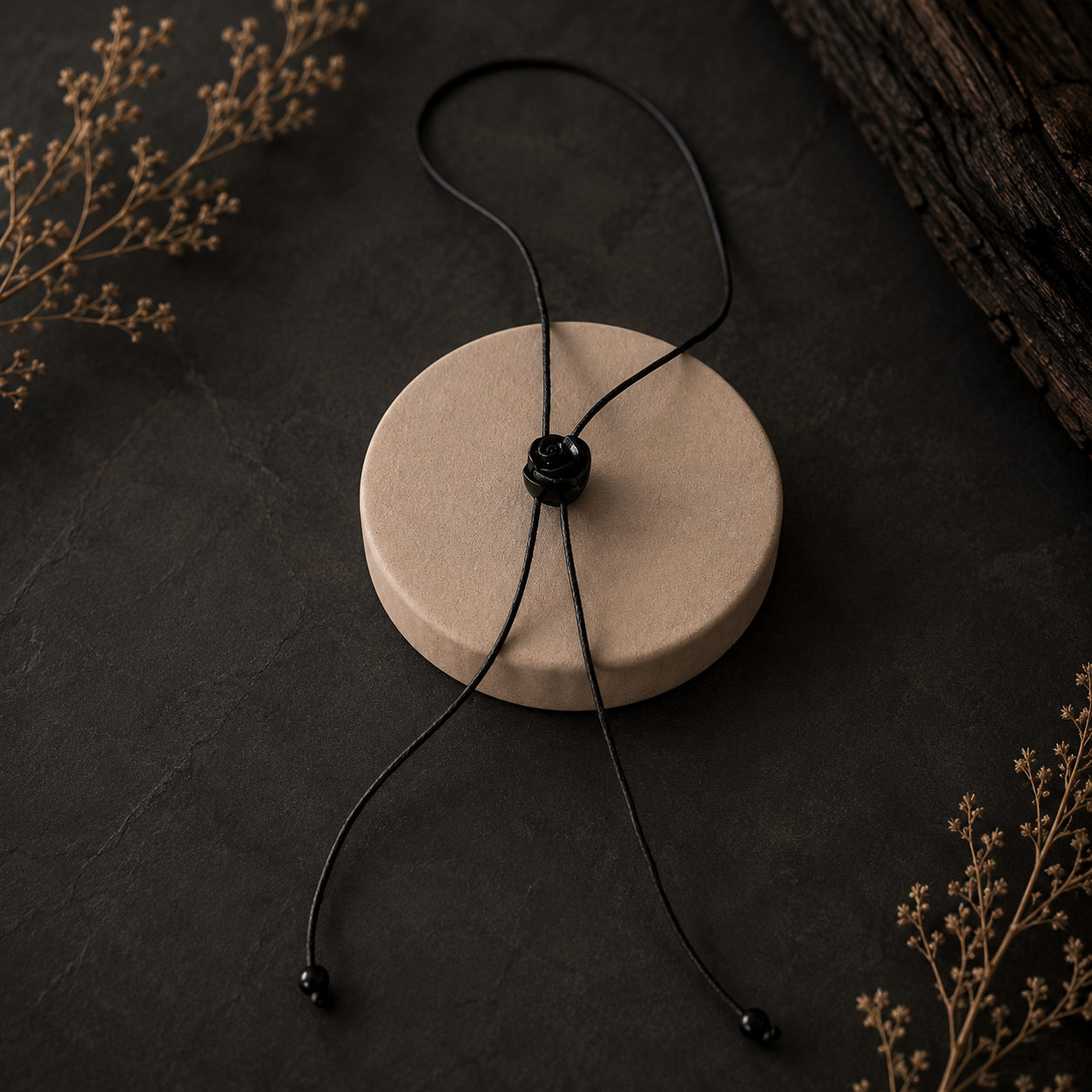 A black adjustable cord necklace with a central black bead and black end beads, displayed on a round beige cardboard stand against a dark textured background with dried botanicals and wood.