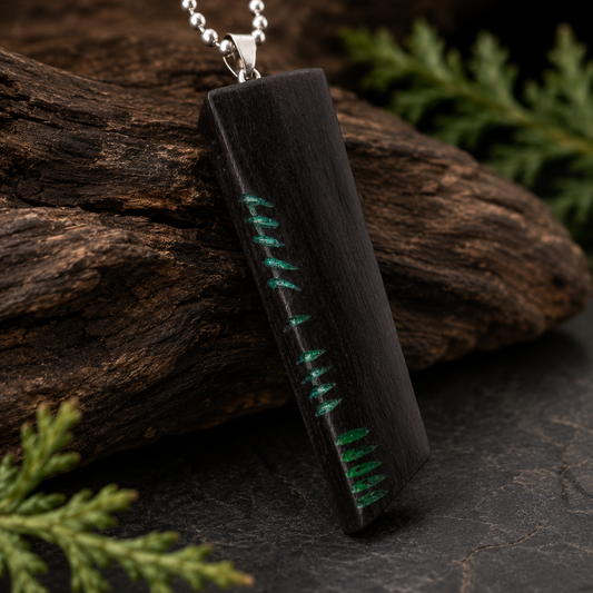 Wooden pendant with green thread on a dark surface with foliage