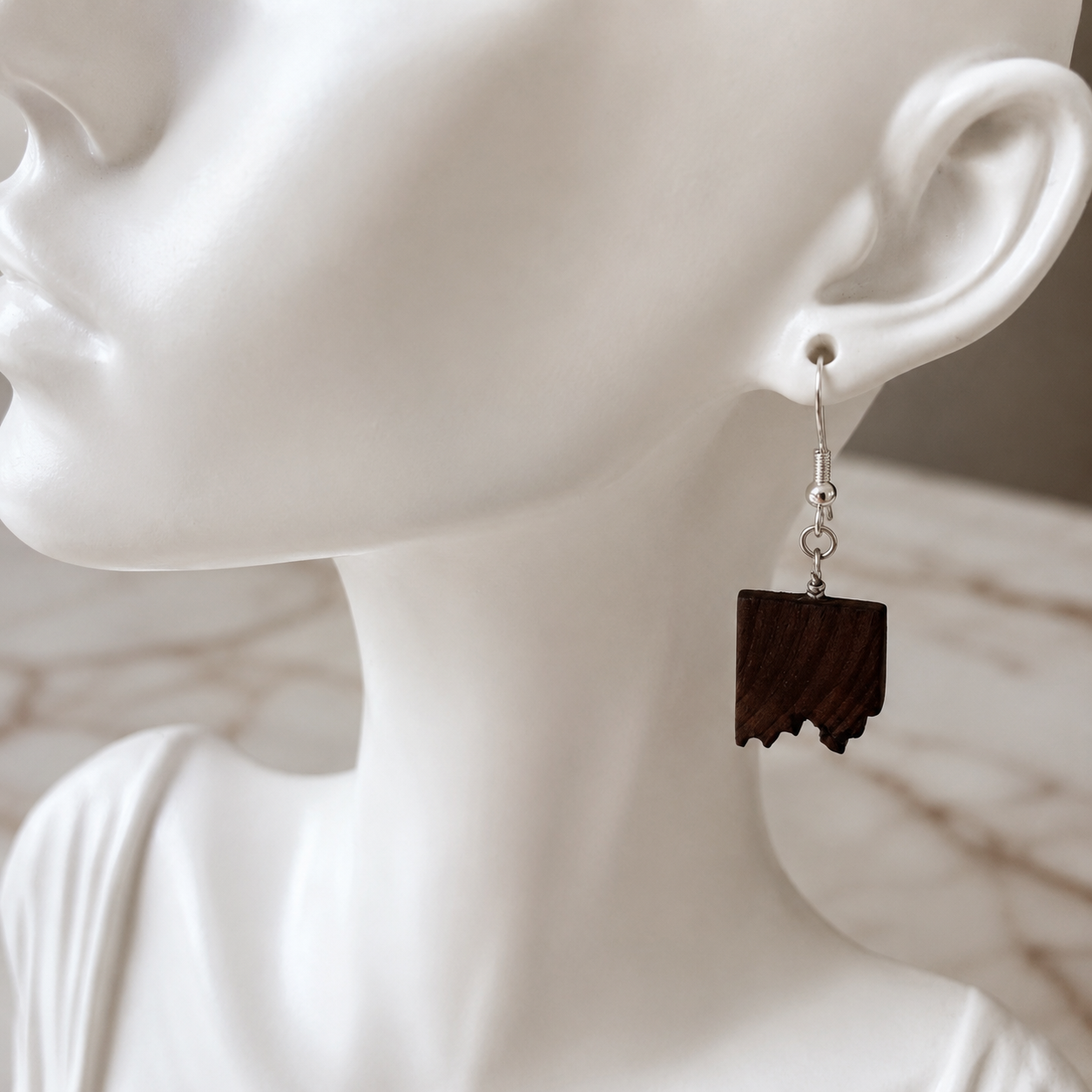 A close-up of a white mannequin bust wearing a single dangling earring. The earring has a silver-toned fishhook and bead chain with a dark brown wooden charm shaped like the state of Arkansas with a jagged lower edge.