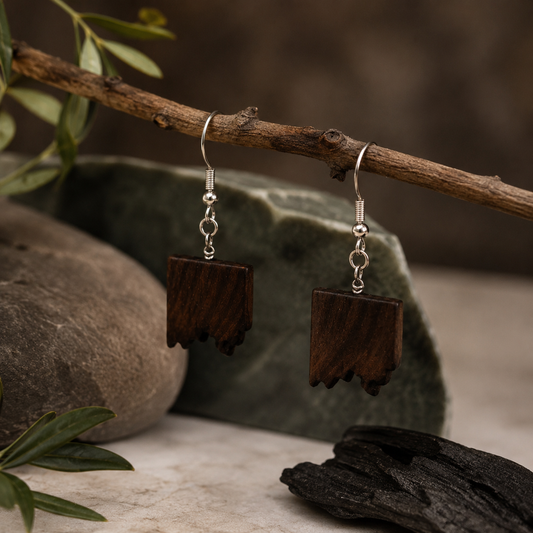 A pair of handmade wooden dangle earrings with silver fishhook wires, hanging from a rustic wooden branch. The earrings feature rectangular dark brown wood pendants with a rustic, melted-edge bottom.