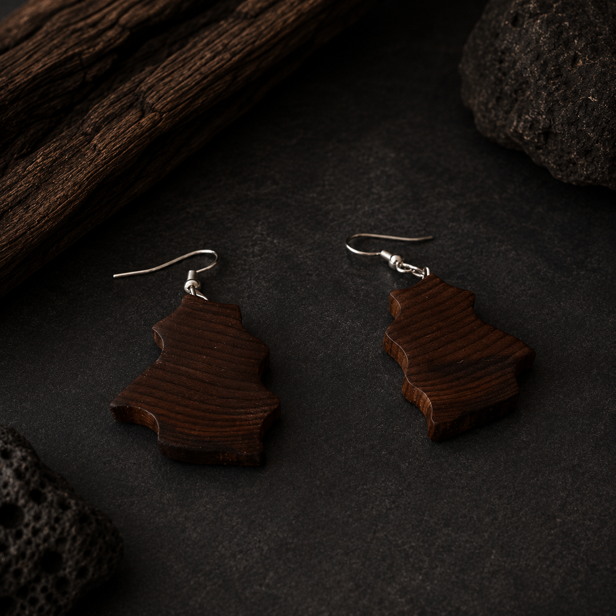 A pair of dark brown wooden dangle earrings with a carved silhouette design, hanging from silver fishhook wires on a dark textured surface with rustic wood and rocks.