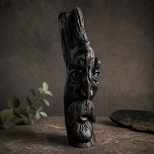 Hand-carved face sculpture in ancient Irish bog wood, front view showing detailed facial features and texture
