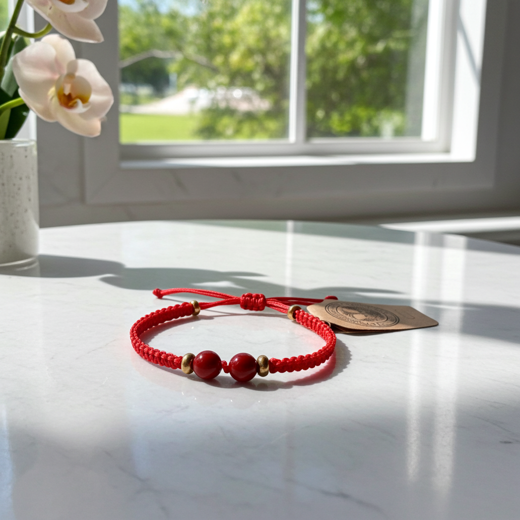 Red bracelet with gold accents on a white surface, with a window and greenery in the background.