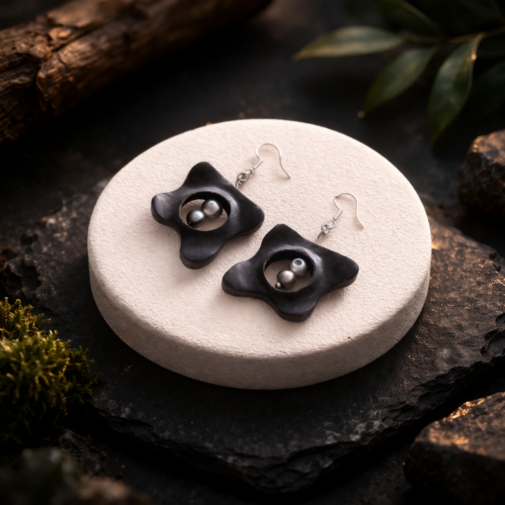 Black star-shaped earrings on a white stone surface with natural background