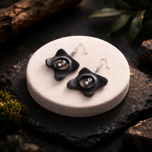 Black star-shaped earrings on a white stone surface with natural background
