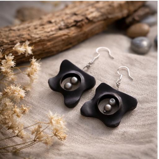 Black star-shaped earrings with silver centers on a textured surface with dried flowers and wood.
