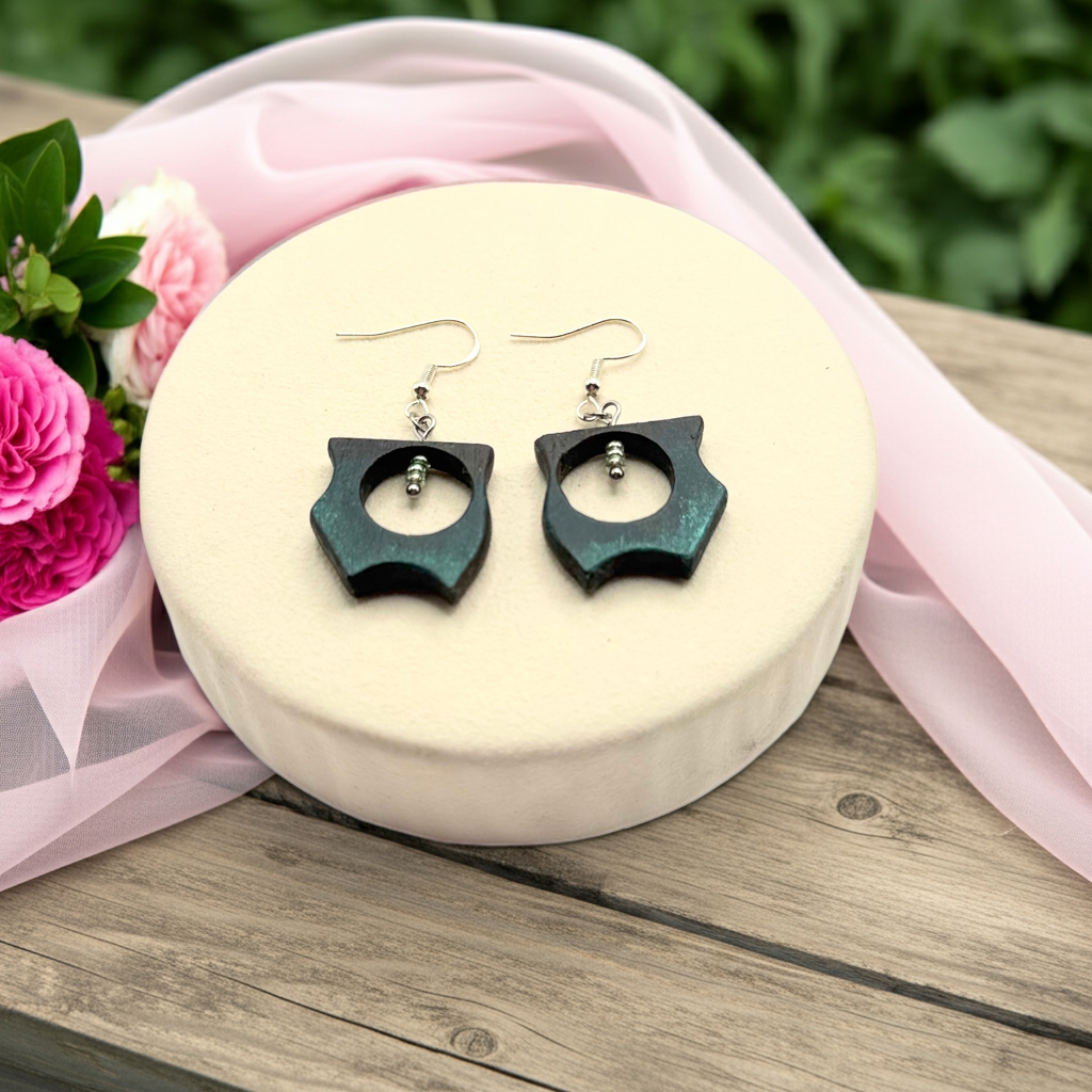 Bog Oak & Stainless Steel Earrings with Subtle Green Accent – Minimalist Wood Jewellery