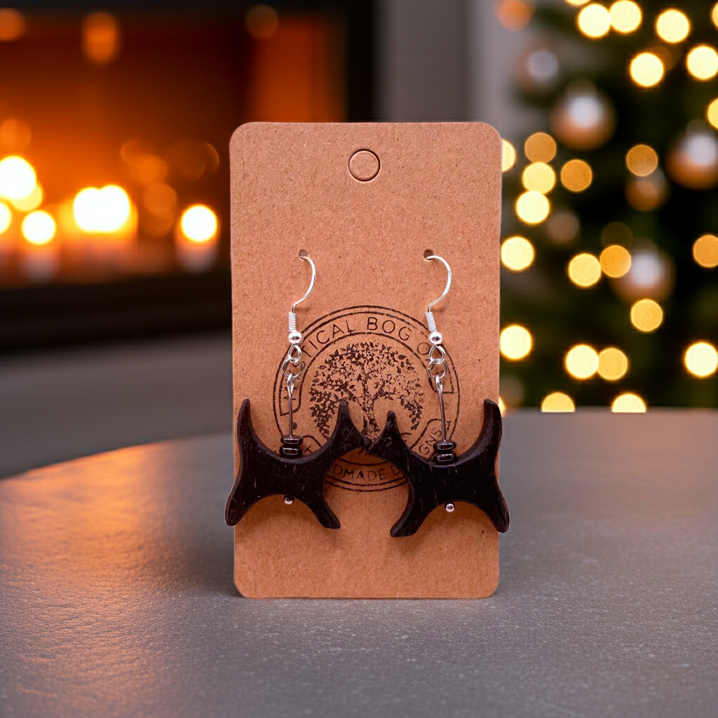 Bog Oak Earrings with Hematite Beads – Handmade Dark Wood Statement Dangle Jewellery