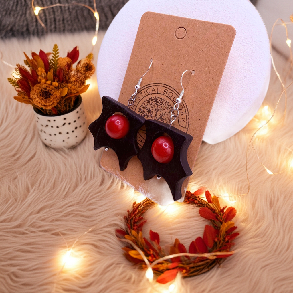 Bog Oak & Red Coral Dangle Earrings