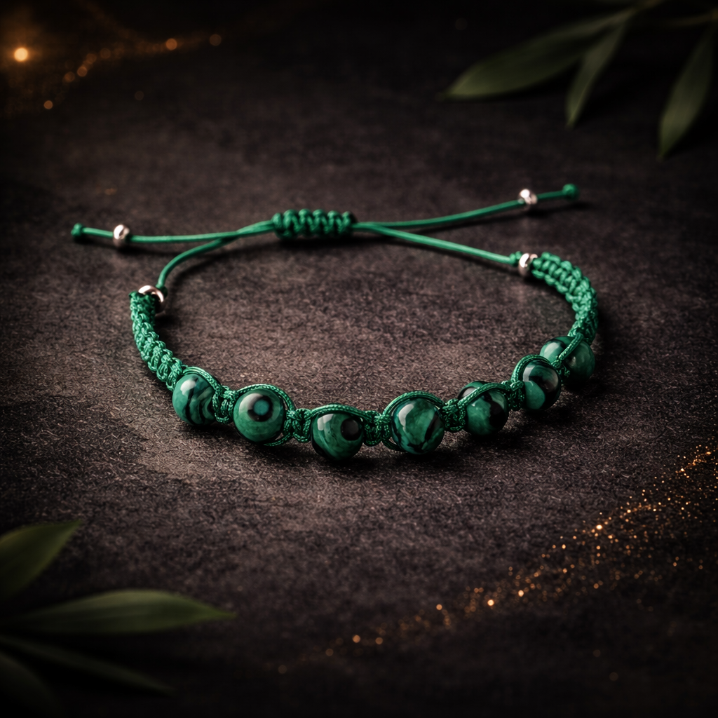 Green braided bracelet on a dark textured surface with leaves