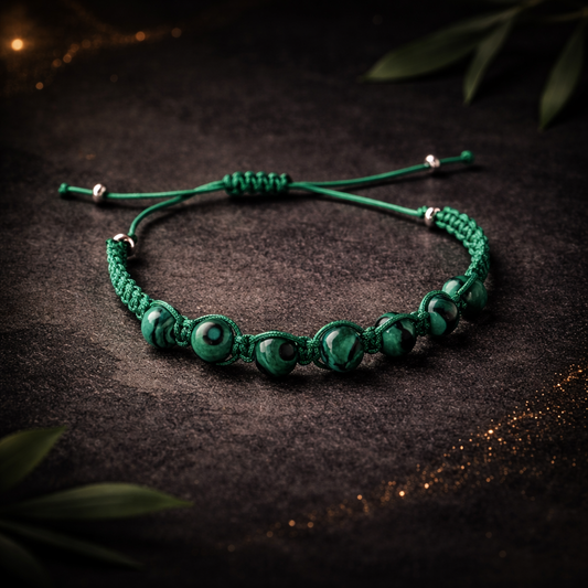 Green braided bracelet on a dark textured surface with leaves