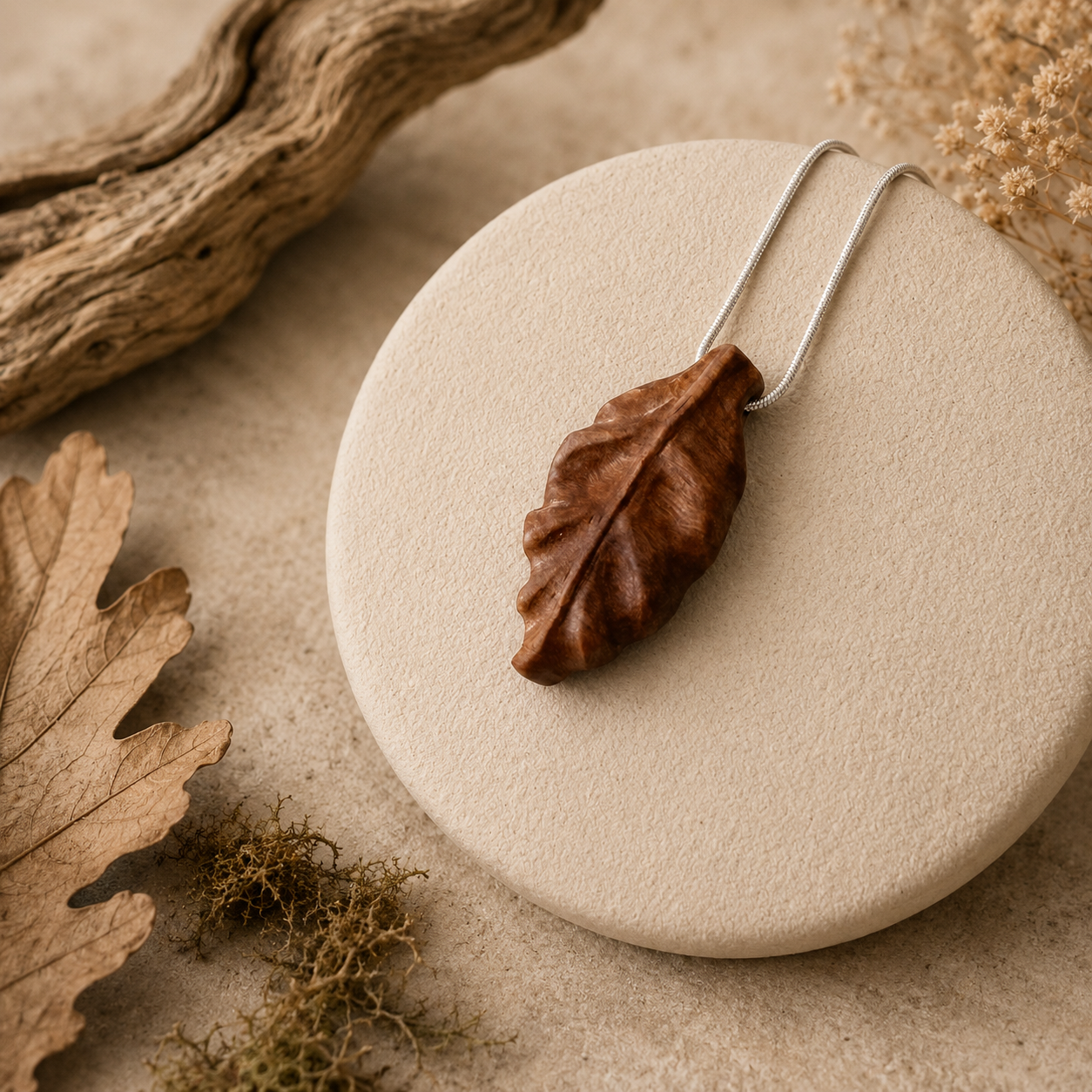 Brown leaf-shaped pendant on a stone surface with natural elements.