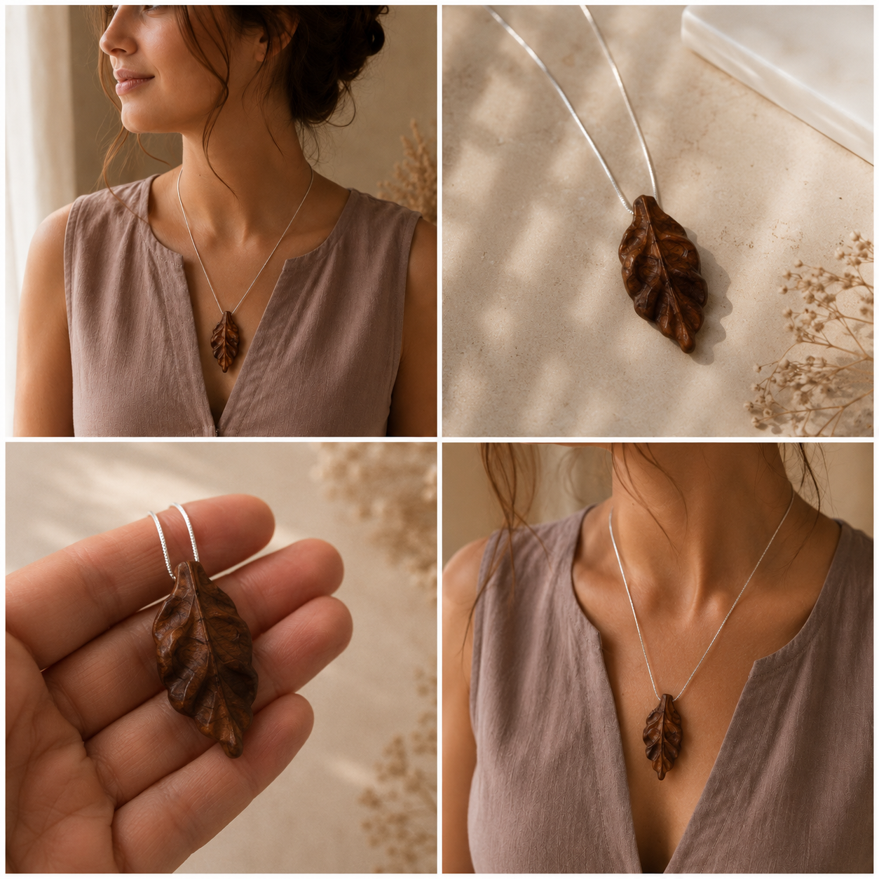 Collage of a woman wearing a leaf-shaped necklace, close-up of the necklace, and hand holding the necklace.