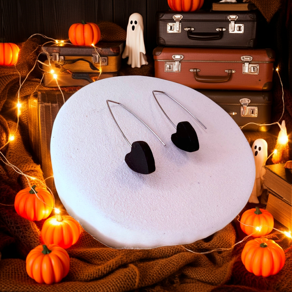 Minimalist Bog Oak Heart Earrings – Handmade Long Hook Design