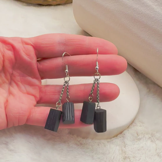 Ancient bog oak earrings with stainless steel chains – sustainable handmade jewellery