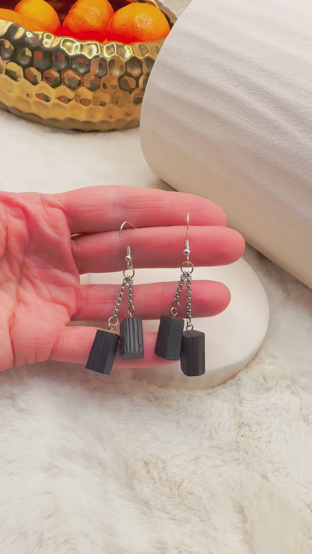 Ancient bog oak earrings with stainless steel chains – sustainable handmade jewellery