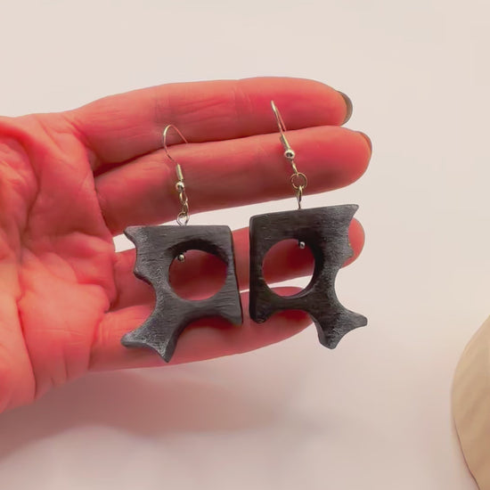 Minimalist sculptural bog oak earrings in architectural style