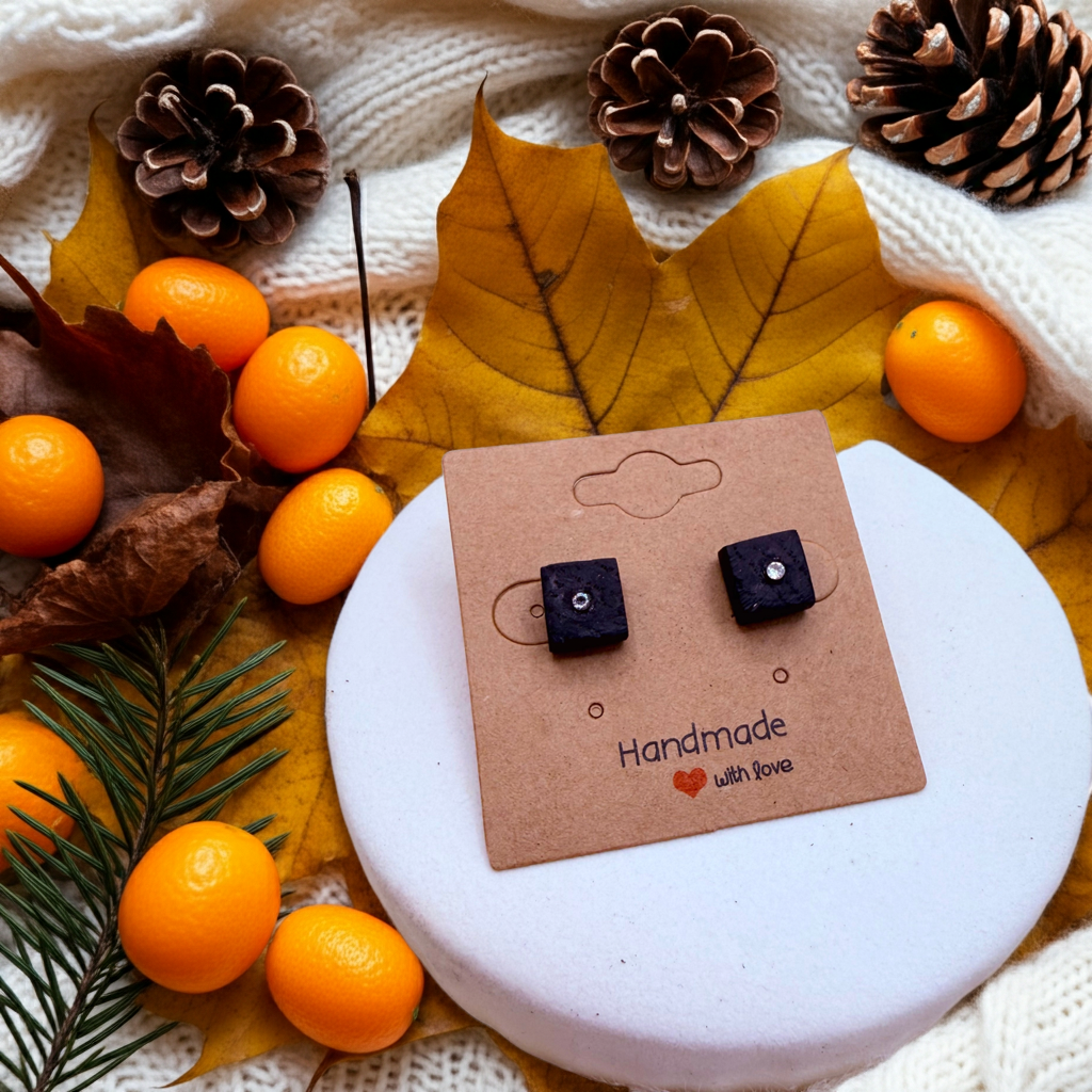 Handmade Bog Oak Stud Earrings with Cubic Zirconia
