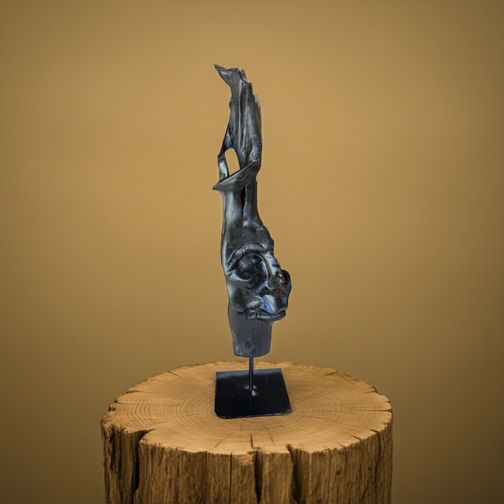 Abstract Bog Oak Face Sculpture – Hand-Carved Aged Wood Art