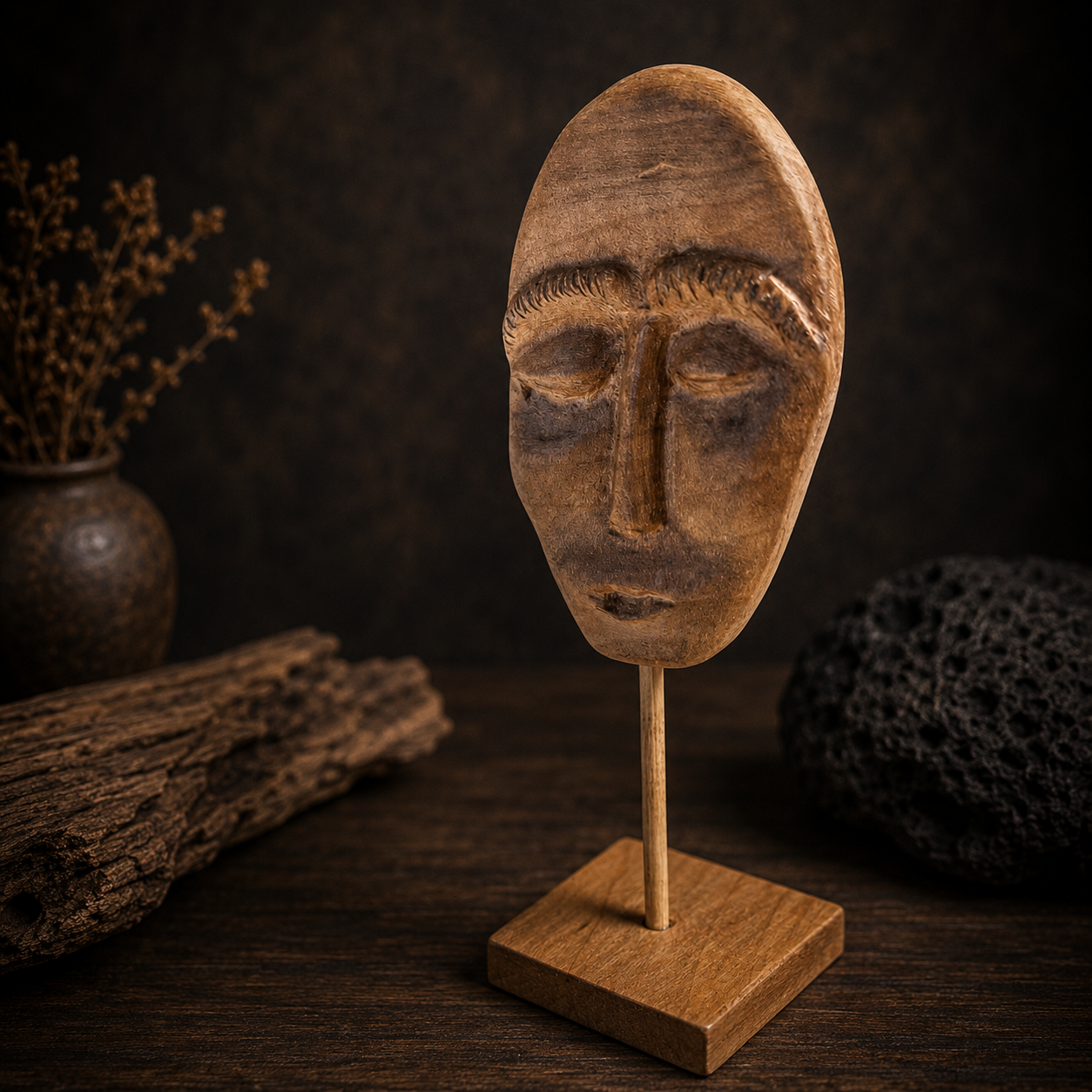 Wooden mask on a stand with a dark background