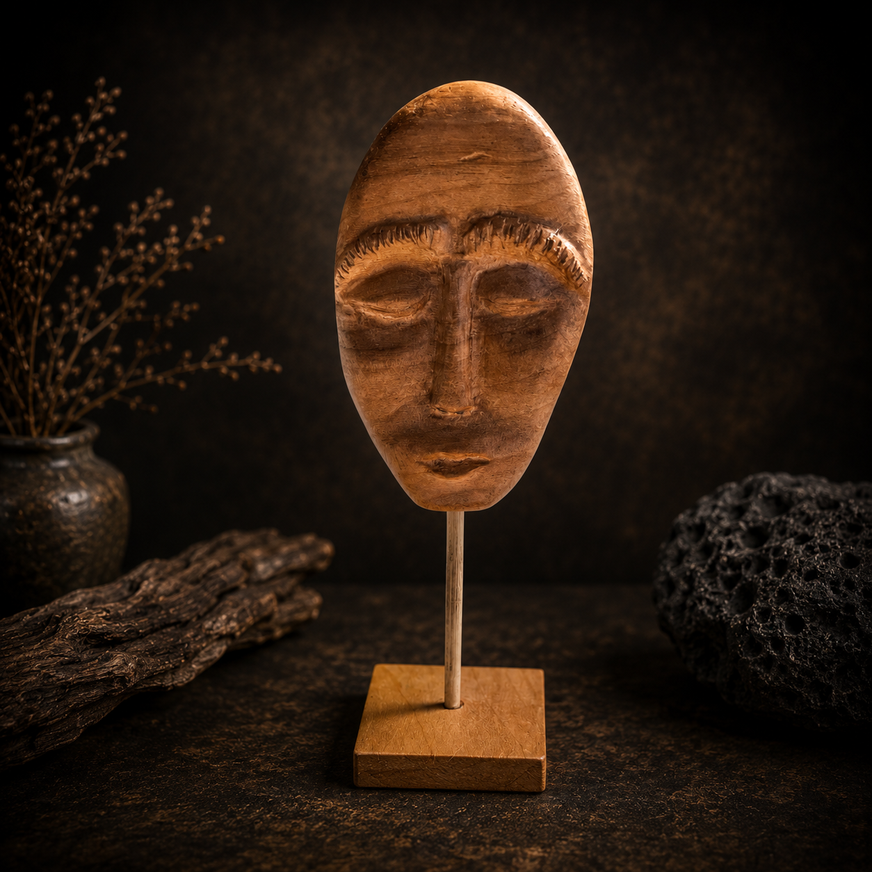 Wooden mask on a stand with a dark background