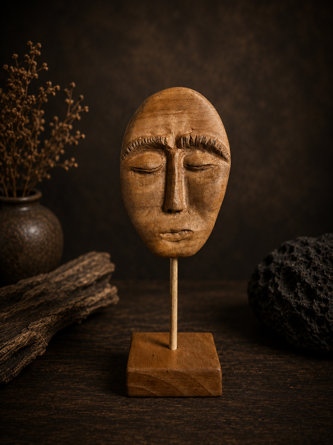 Wooden mask on a stand with a dark background
