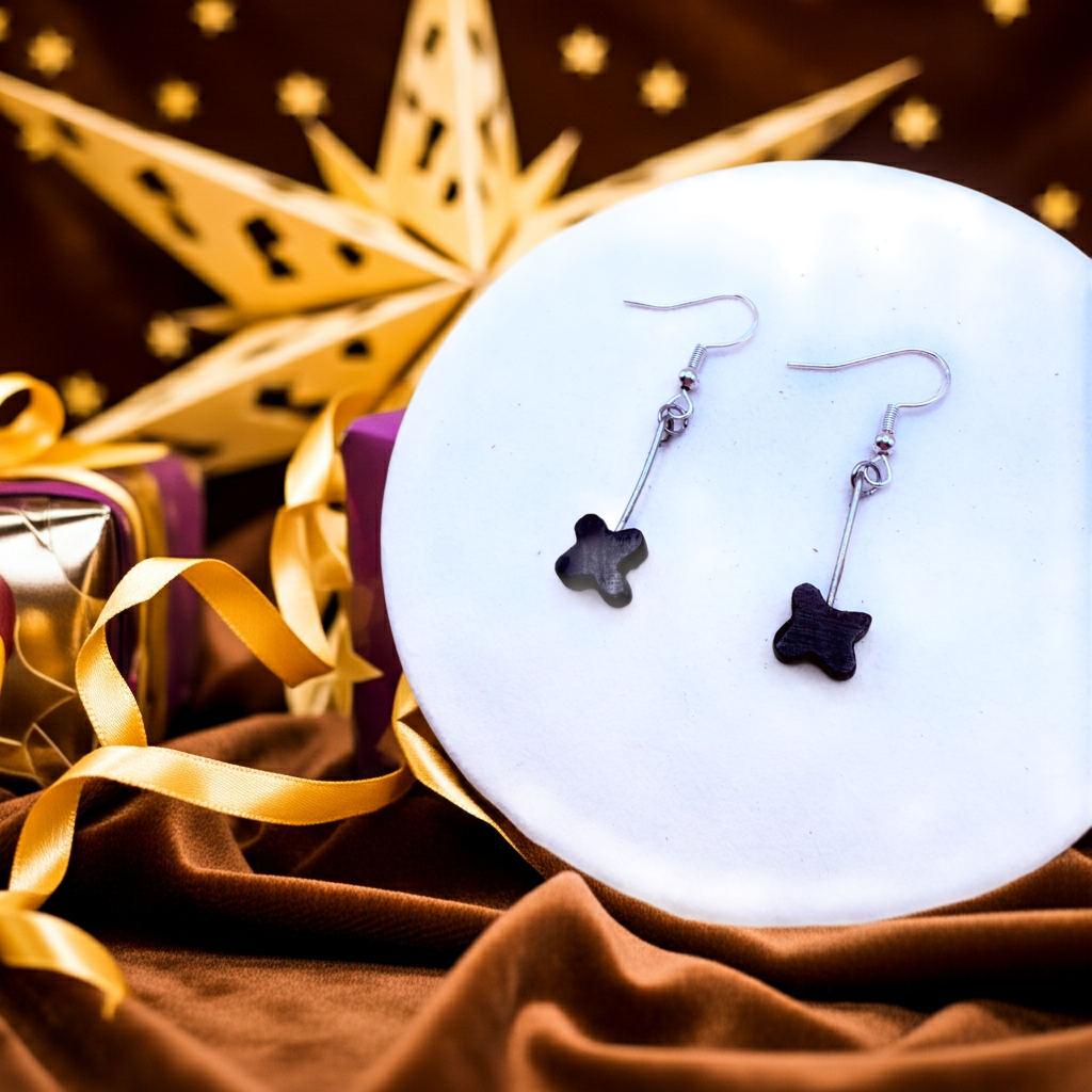 Minimalist Black Wooden Flower Drop Earrings